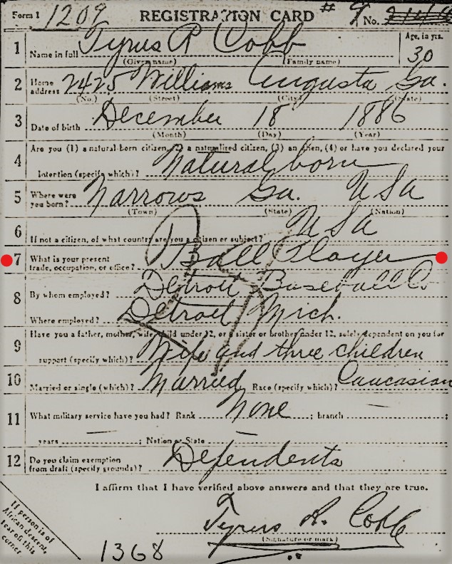 World War I Draft Registration Card for baseball player Ty Cobb from Ancestry.com