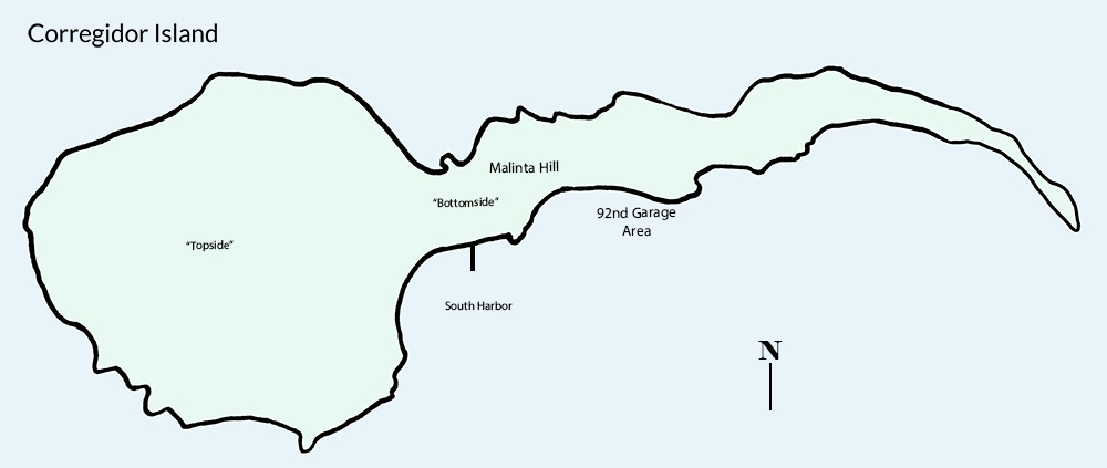 Map of Corregidor island, The Philippines, showing locations of Malinta Hill, the 92nd Garage Area, Bottomside, and South Harbor during WW2