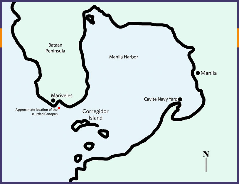 Map of Manila Harbor with locations of US Navy ship USS Canopus during WW2