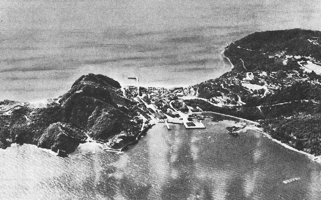 WW2 aerial view of Corregidor island, The Philippines, showing Malinta Hill and Bottomside