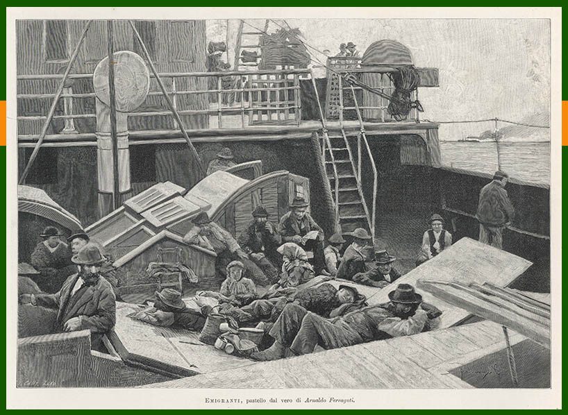 Immigrants coming to America on a ship in the late 1800s