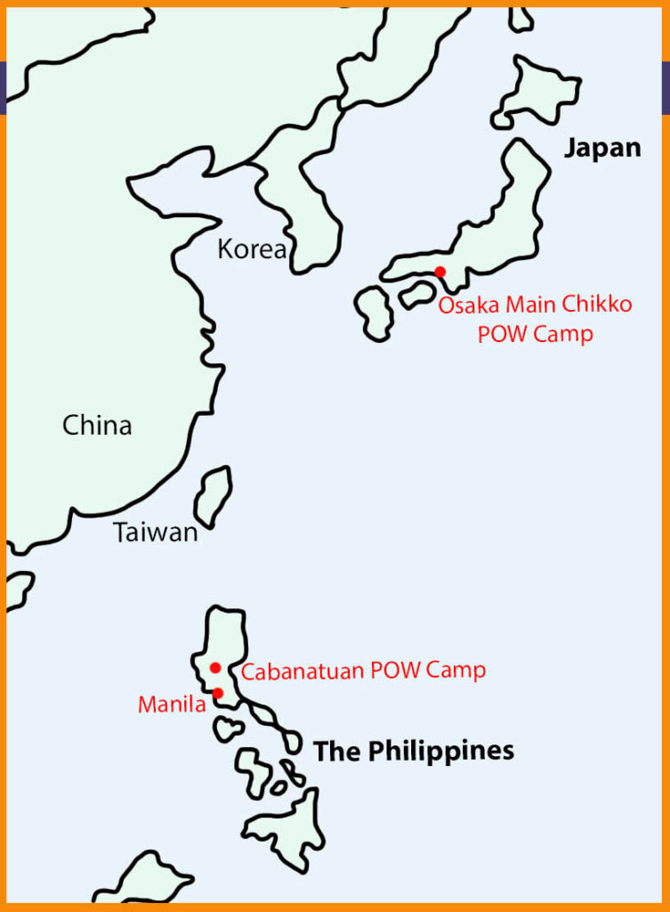Map of WW2 POW camps where Arthur Lazcano was imprisoned in The Philippines and Japan