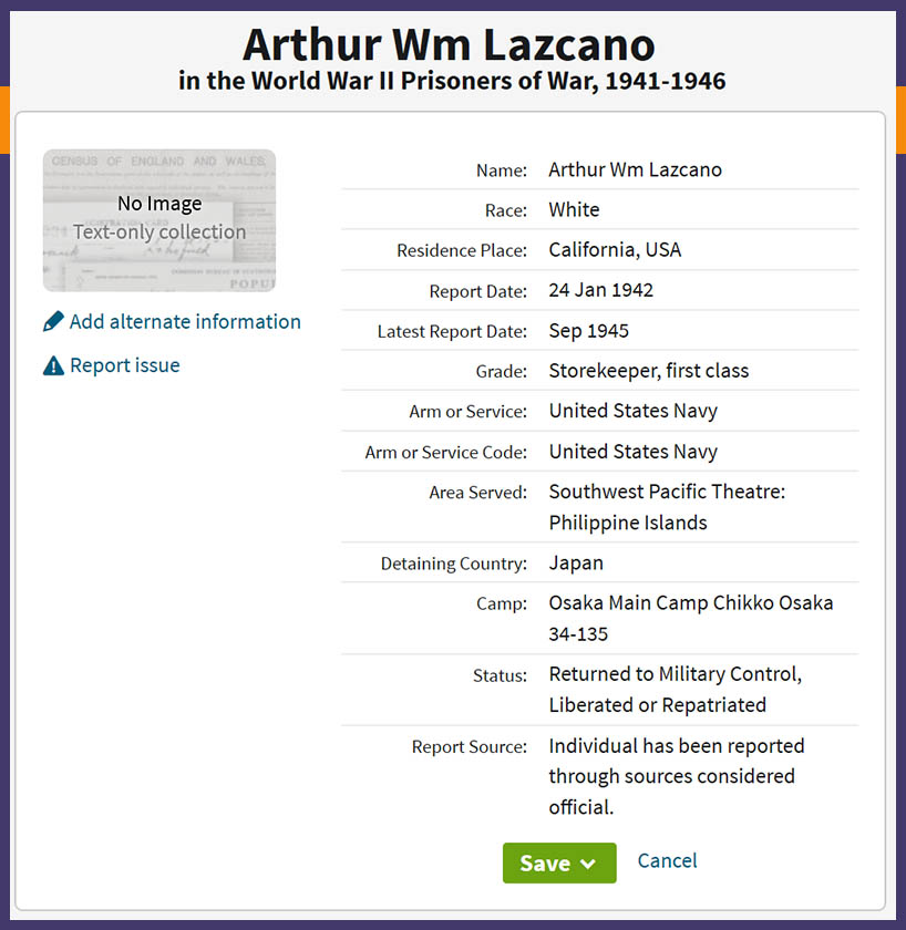 Index entry for Arthur Lazcano in the WW2 POW database on Ancestry.com