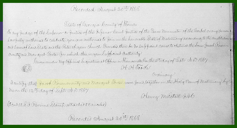 1867 Georgia marriage record for Jacob Rosencrantz and Margaret Porter
