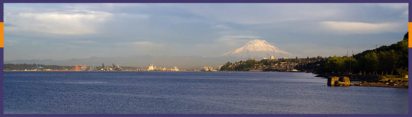 View of Tacoma Washington adn Puget Sound with Mount Rainier