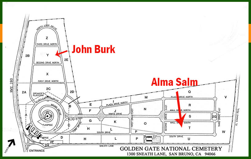 Maps of Golden Gate National Cemetery showing graves of John Burk and Alma Salm