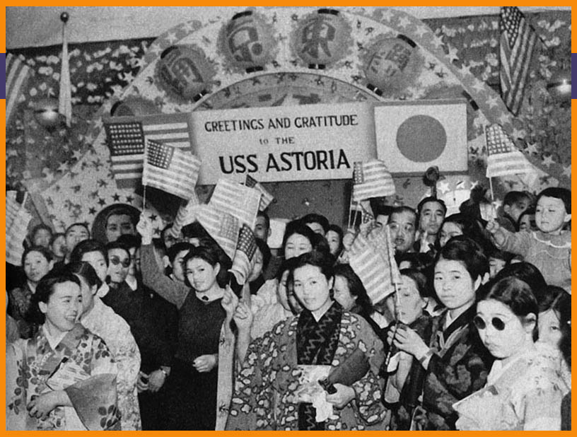 Japanese people greet crew of USS Astoria in Yokohama Japan in 1939