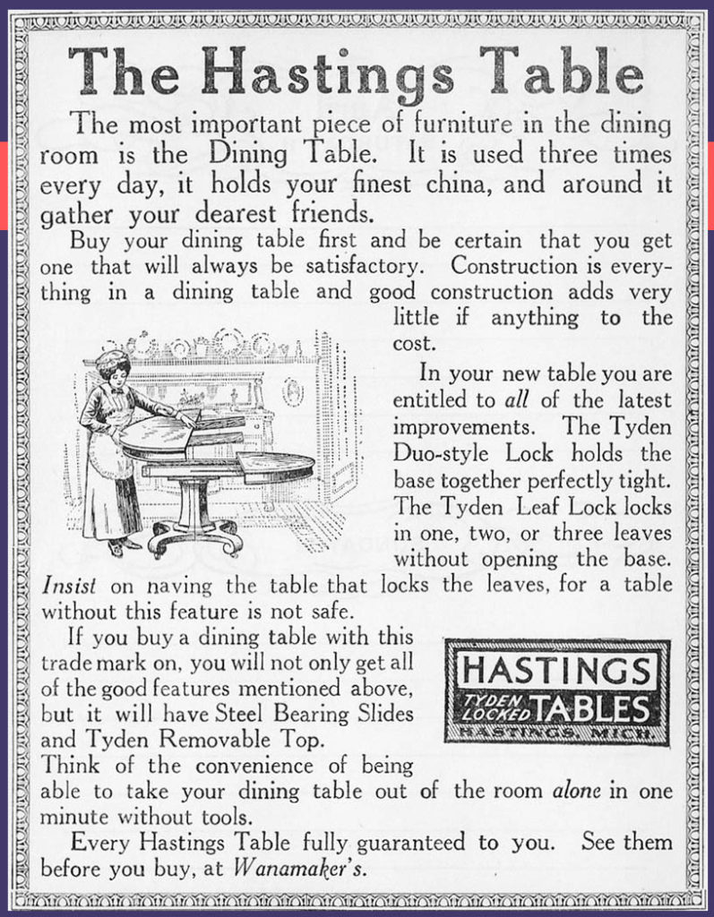 1907 advertisement for Tyden locked table by hasting table company