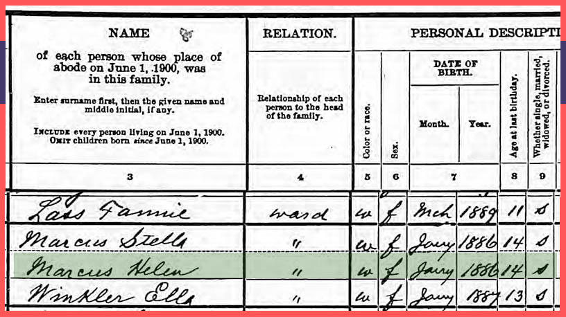 Close up of Helen and Stella Marcus in the 1900 US Census