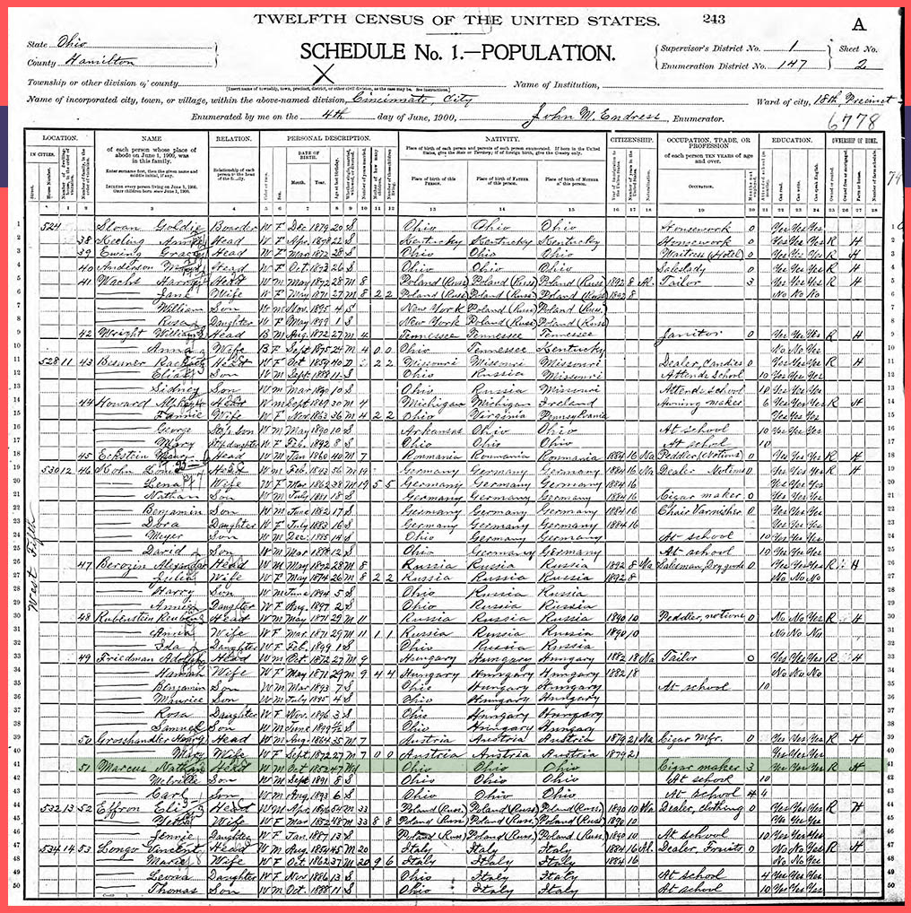 The Nathan Marcus family in the 1900 US Census