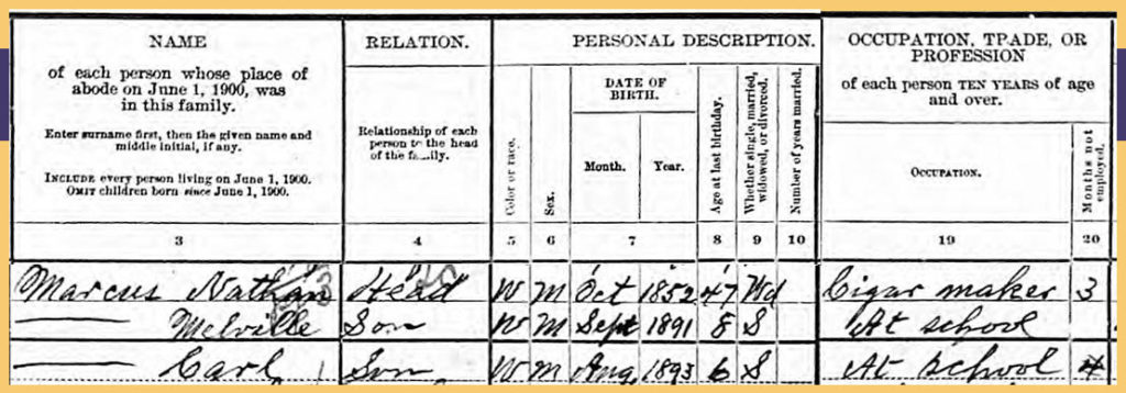 Close up of the Nathan Marcus family in the 1900 US Census