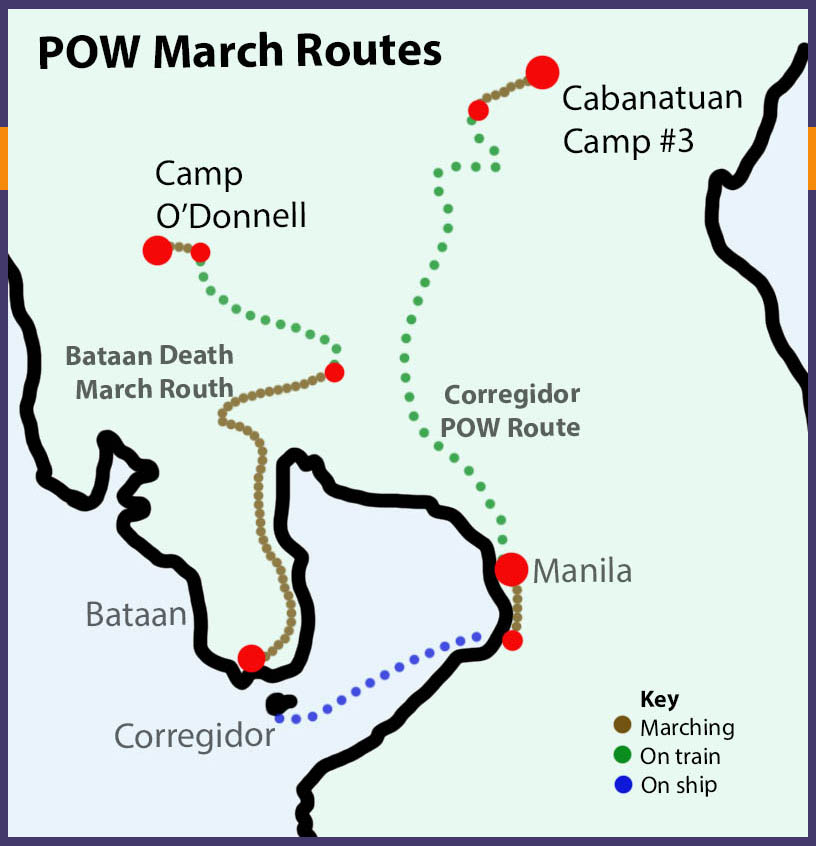 Routes of Bataan Death march and Corregidor POW march to Cabanatuan POW Camp in The Philippines during WW2
