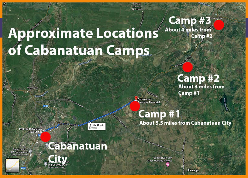 Approximate locations of the 3 Cabanatuan POW Camps in The Philippines during WW2