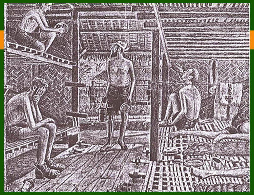 Drawing of interior of a barracks at Cabanatuan POW Camp in The Philippines during WW2