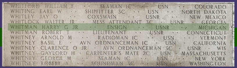 Harry G Whitman Jr memorial on Wall of the Missing at Manila American Cemetery in The Philippines.