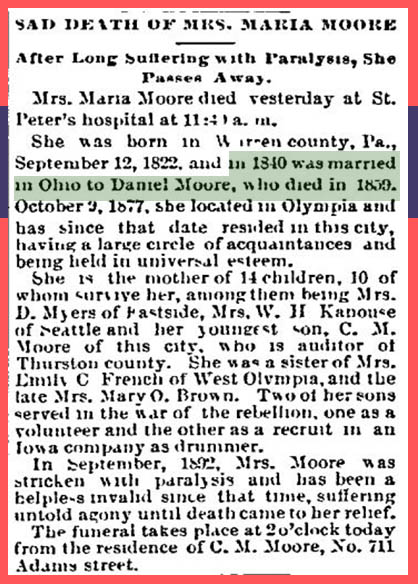 Obituary for Maria Olney Moore Washington State